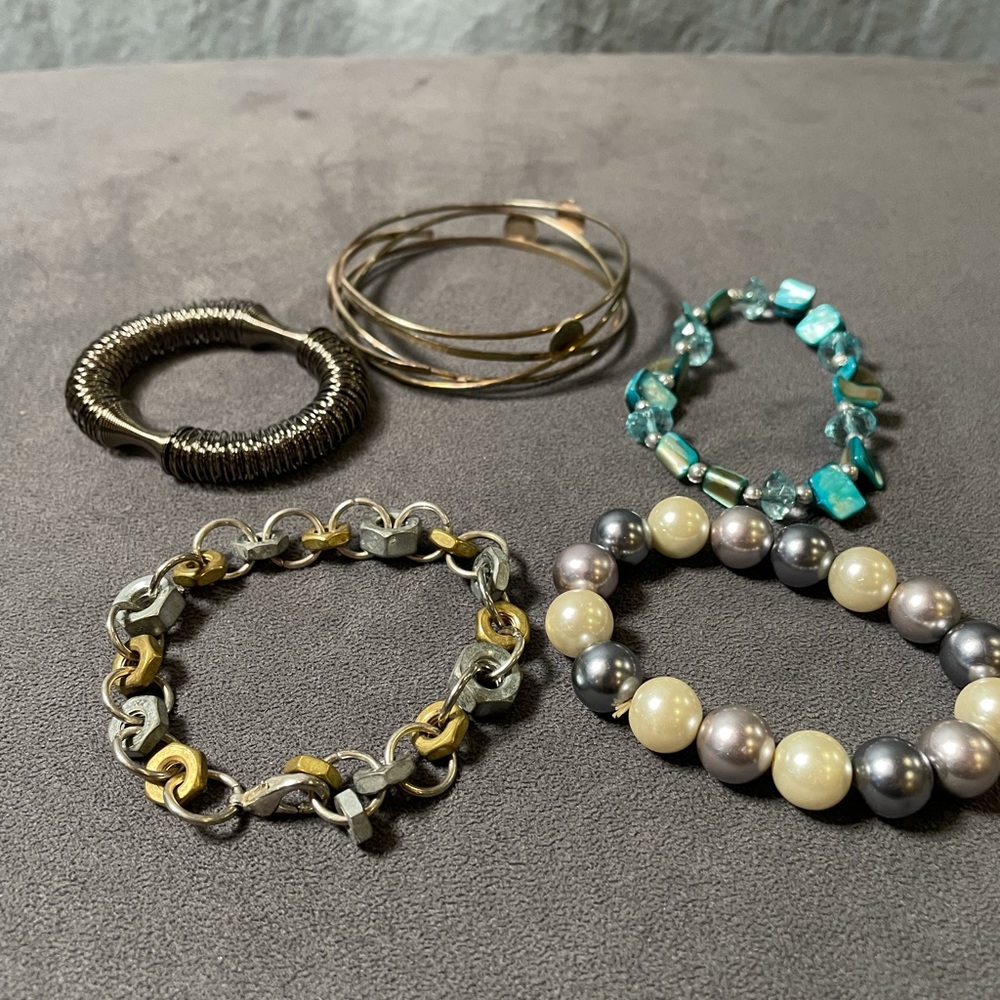 Bracelet Bundle! Handmade grommet, Blue sparkle, faux Pearl, vintage silver wire